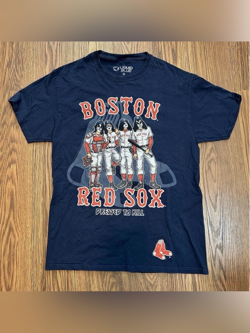 KISS BAND Boston Red Sox 'Dressed to Kill' NAVY Tee ROCK N ROLL BASEBALL SIZE LG